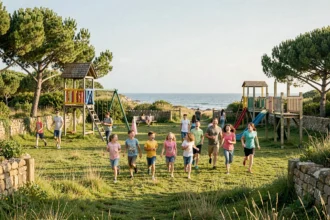 Familles avec enfants profitant d'un parc de loisirs en Charente-Maritime par une journée d'été ensoleillée