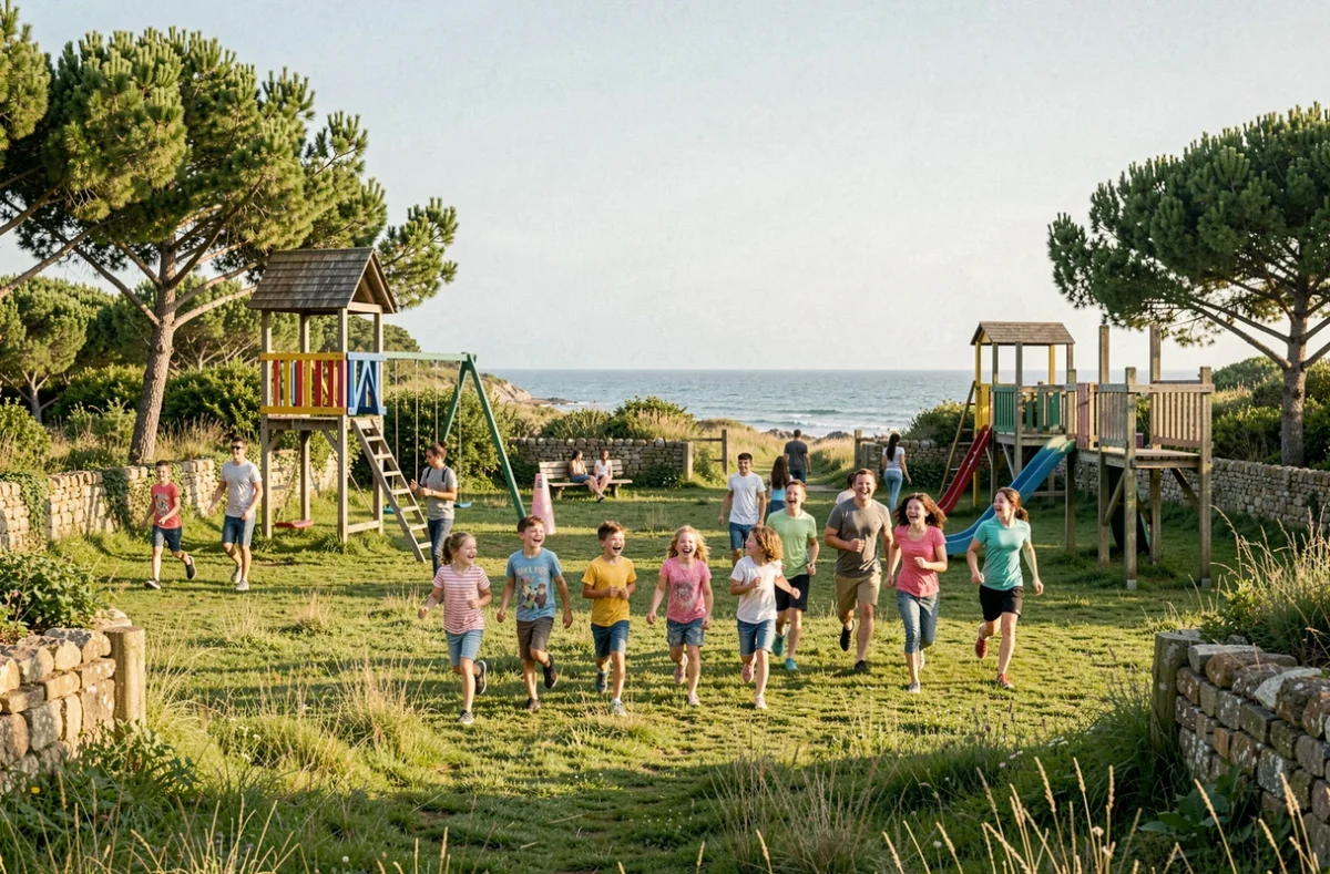 Familles avec enfants profitant d'un parc de loisirs en Charente-Maritime par une journée d'été ensoleillée