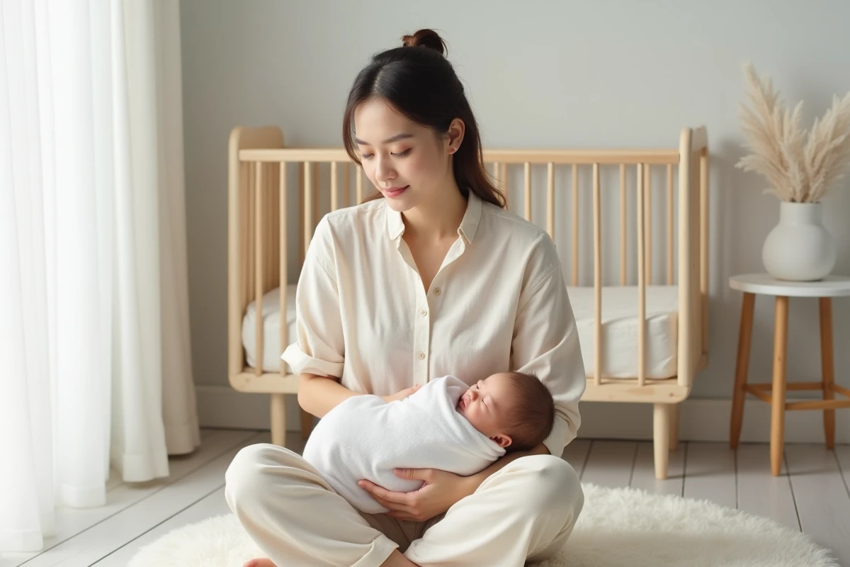 Jeune mère aux traits naturels assise sur un parquet en bois clair tenant son nourrisson enveloppé dans un lange blanc dans une chambre de bébé minimaliste