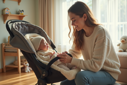 M&egrave;re jeune avec b&eacute;b&eacute; dans une poussette moderne en int&eacute;rieur