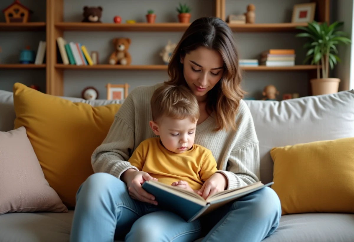 Mère et enfant lisant un livre dans un salon chaleureux