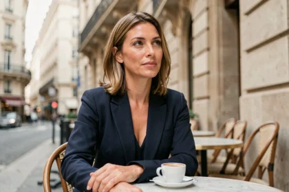Femme élégante et discrète attablée à une terrasse de café parisien, illustrant le portrait d'une personnalité restée longtemps dans l'ombre avant d'accéder à la célébrité