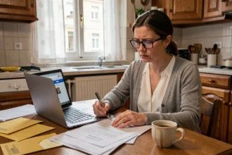 Mère isolée stressée face à des documents administratifs CAF sur une table de cuisine
