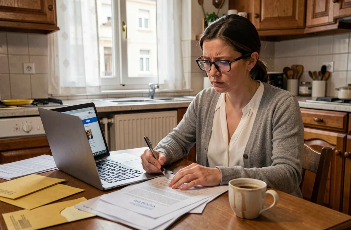 Mère isolée stressée face à des documents administratifs CAF sur une table de cuisine