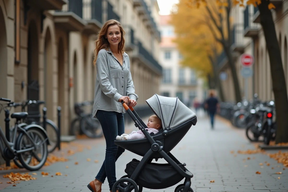 Mère promenant son nourrisson dans une poussette 4 en 1 en mode nacelle sur un trottoir urbain en automne