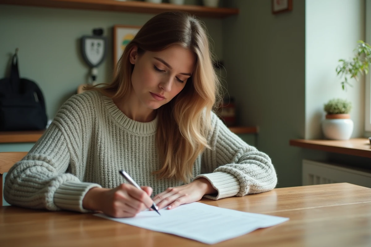 Mère séparée rédigeant une lettre d'absence scolaire à la table de sa cuisine, stylo à la main