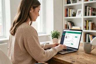 Femme mettant à jour ses coordonnées sur un compte en ligne Orchestra depuis un ordinateur portable à son bureau à domicile