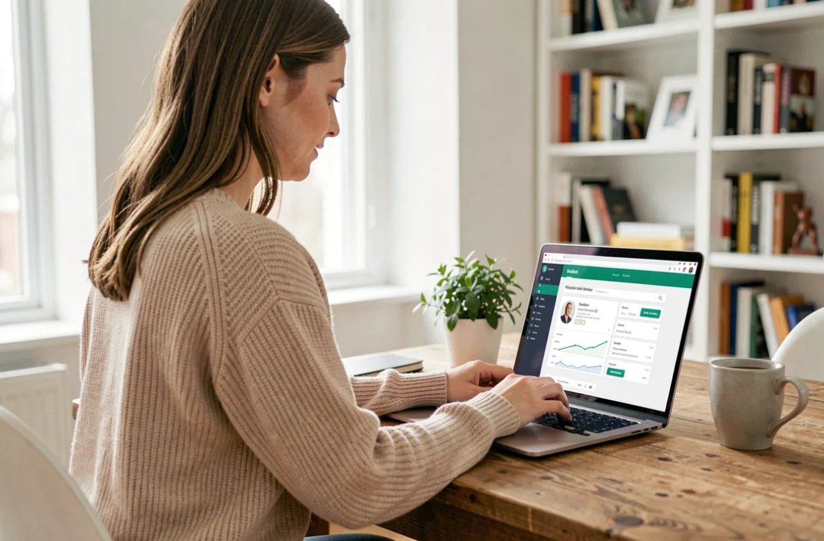Femme mettant à jour ses coordonnées sur un compte en ligne Orchestra depuis un ordinateur portable à son bureau à domicile