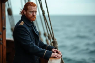 Homme en uniforme maritime regardant l'horizon en mer