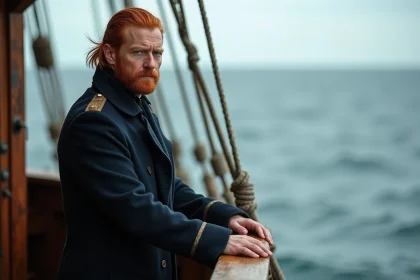 Homme en uniforme maritime regardant l'horizon en mer