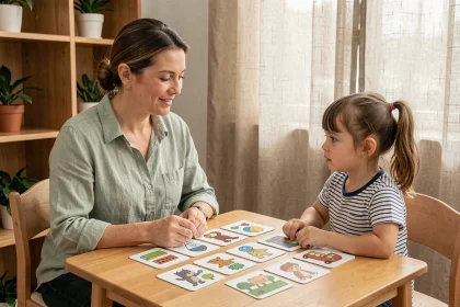 Orthophoniste et enfant utilisant des cartes parlantes Montessori lors d'une séance de rééducation du langage