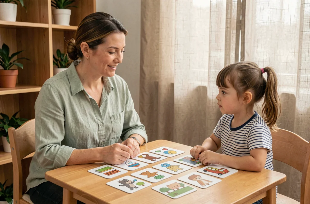 Orthophoniste et enfant utilisant des cartes parlantes Montessori lors d'une séance de rééducation du langage