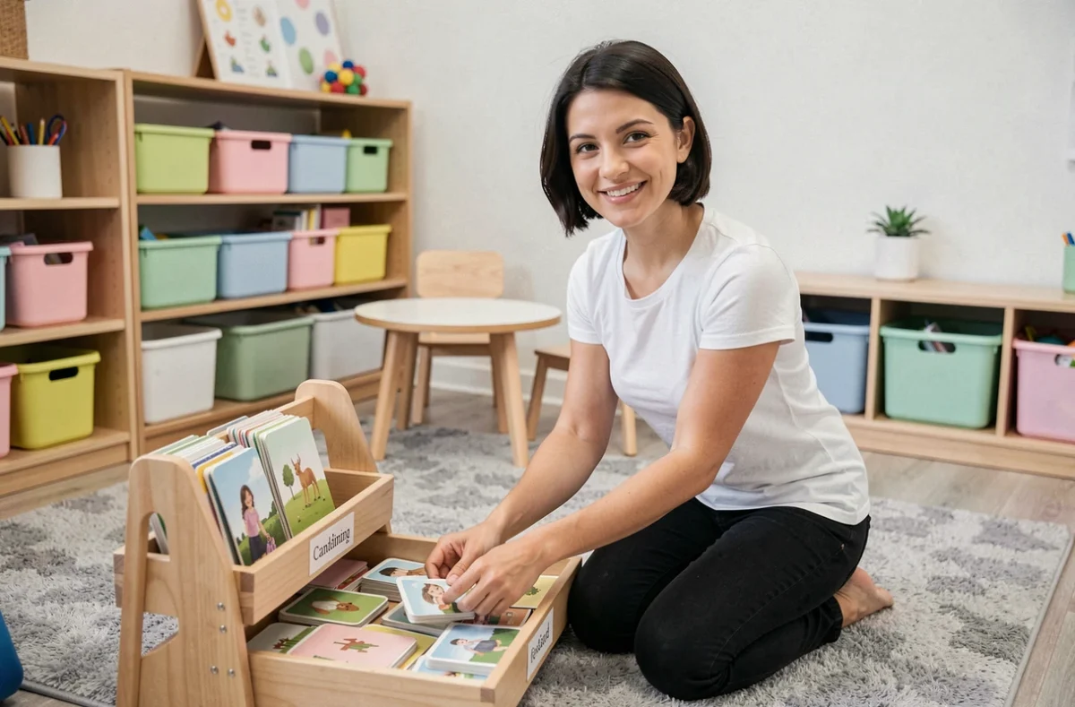 Orthophoniste rangeant des cartes Montessori dans une salle de thérapie du langage aménagée pour les enfants