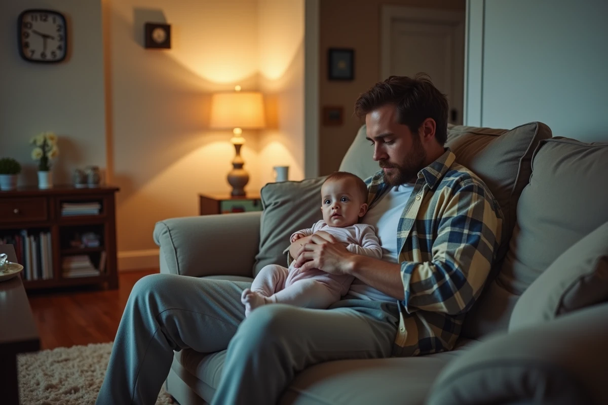 Papa assis sur le canapé avec son bébé au réveil matinal