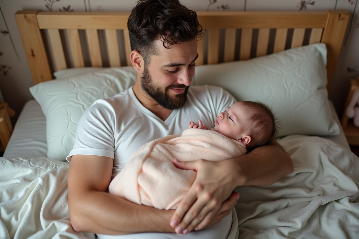 Papa tenant tendrement sa fille endormie dans la nurserie