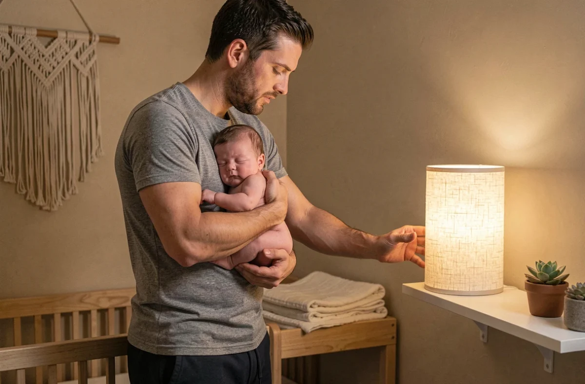 Papa tenant son bébé endormi dans les bras et activant une veilleuse musicale sur une étagère de chambre bébé la nuit