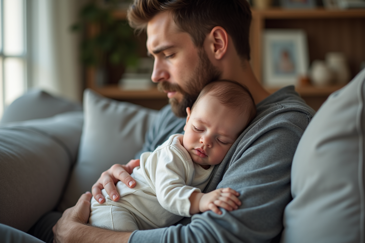 Père tenant son bébé endormi sur l