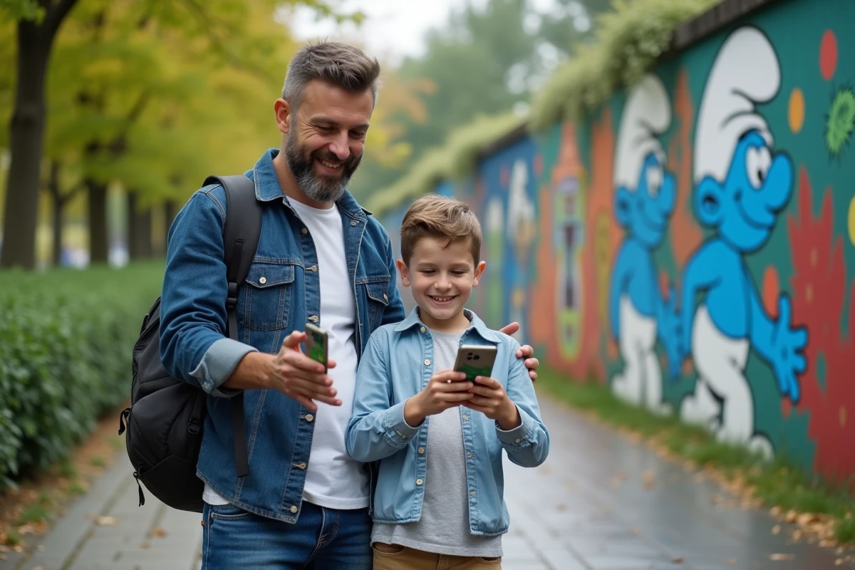 Père et fils devant un mur Smurfs dans un parc urbain