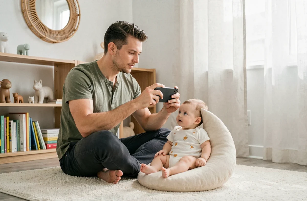 Papa photographiant son bébé avec un smartphone dans une chambre bébé minimaliste, idée photo mois par mois à la maison