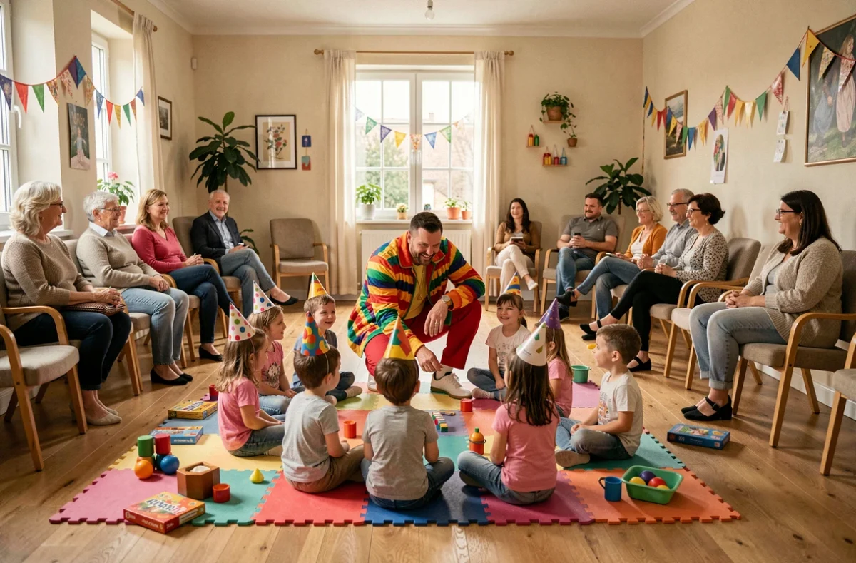 Animateur Papoo's en costume interagissant avec des enfants lors d'un anniversaire à Vendenheim