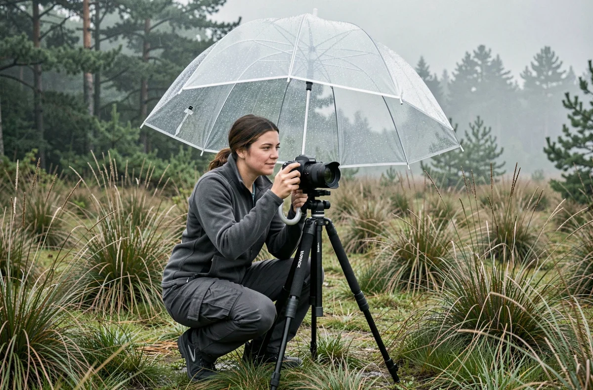 Photographe femme accroupie sous un parapluie bulle transparent protégeant un appareil photo sur trépied dans un environnement naturel pluvieux