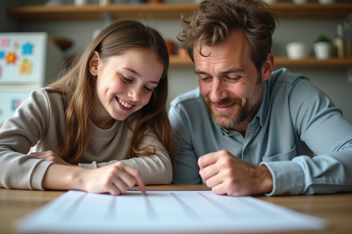 Parent et enfant regardent le calendrier en cuisine