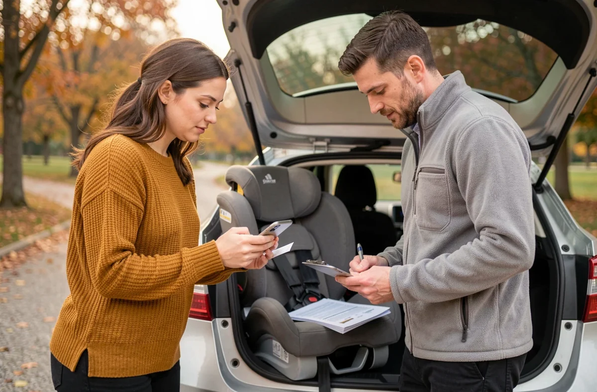 Deux parents comparant des sièges auto appuyés contre leur voiture dans un parc en automne