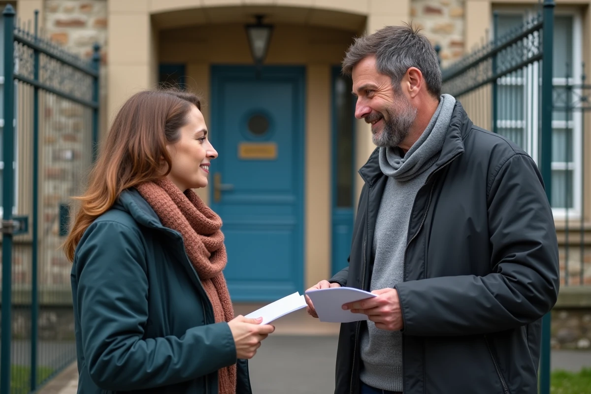 Deux parents séparés discutant calmement devant l'entrée d'une école primaire avec un document scolaire