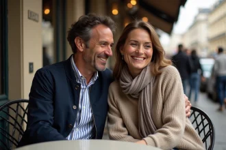 Paul et Natacha Gainsbourg souriants au café parisien