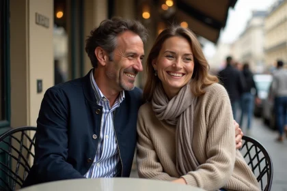 Paul et Natacha Gainsbourg souriants au caf&eacute; parisien
