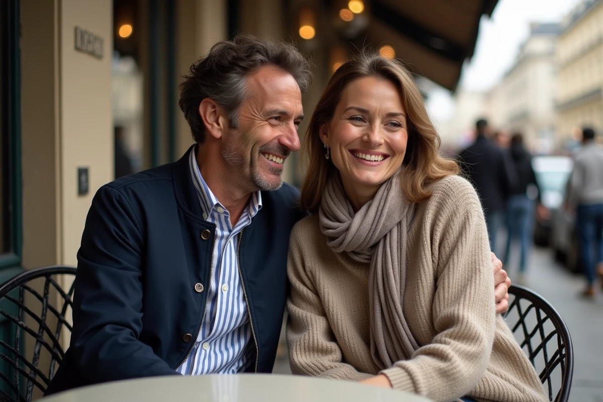 Paul et Natacha Gainsbourg souriants au caf&eacute; parisien