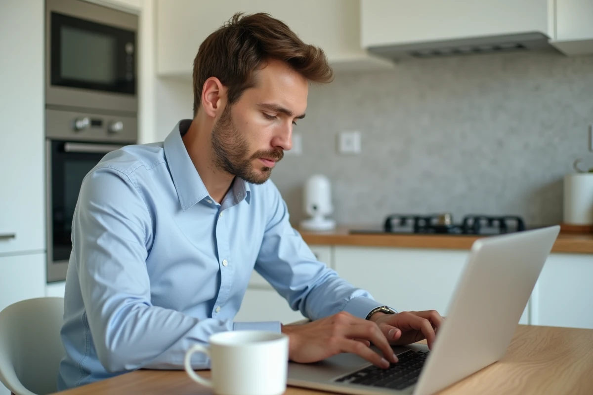 Père en congé parental rédigeant un courrier de reprise d'emploi sur son ordinateur portable dans sa cuisine