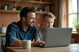 Un père et son adolescent regardent ensemble un ordinateur portable à la table de cuisine, illustrant la supervision parentale des médias numériques