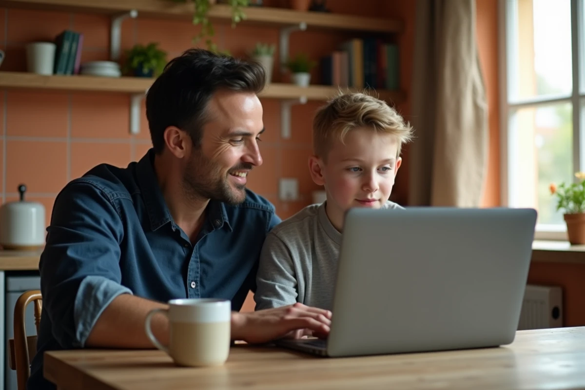 Un père et son adolescent regardent ensemble un ordinateur portable à la table de cuisine, illustrant la supervision parentale des médias numériques