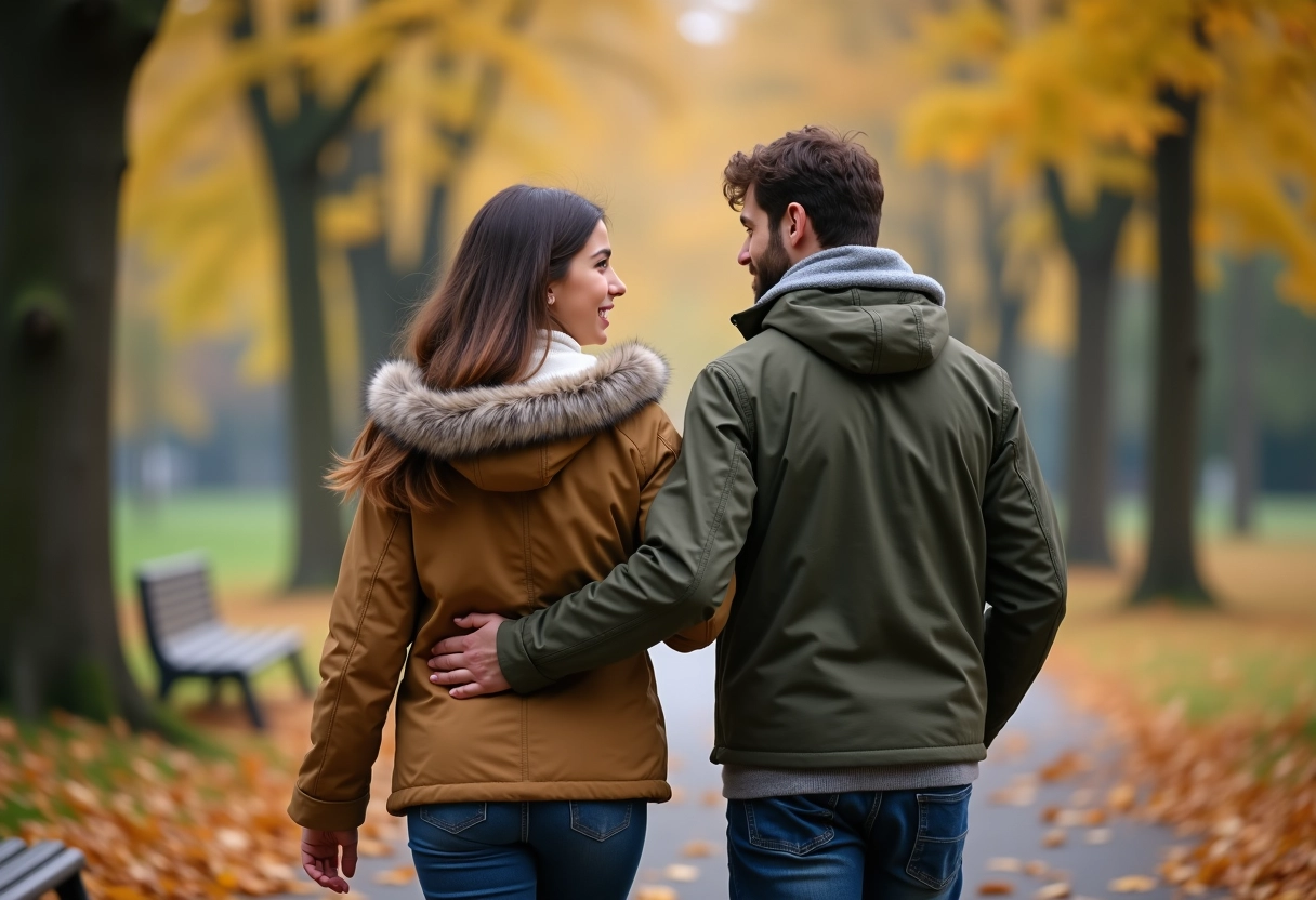 Père et fille se promenant dans un parc automnal