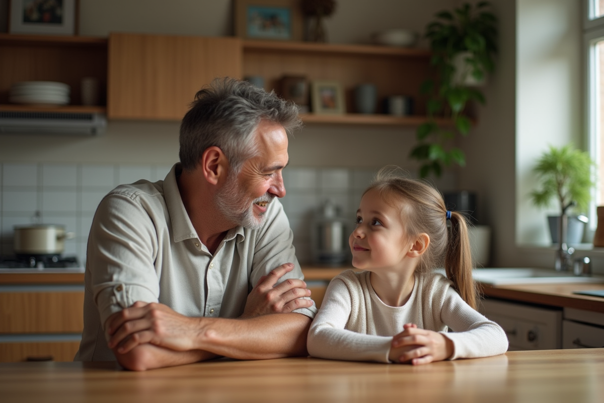 Père et fille discutent à la cuisine chaleureuse