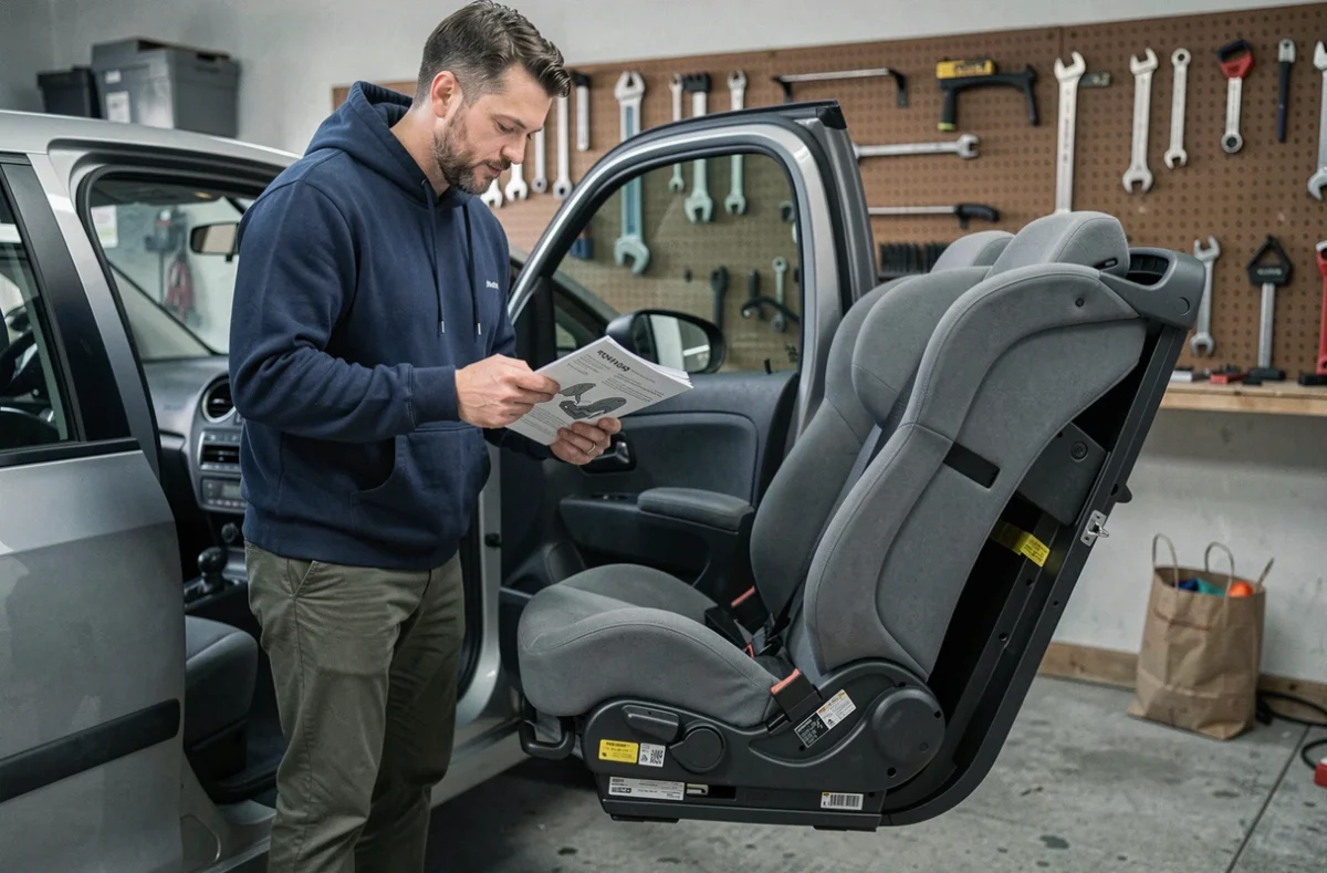 Père installant un siège auto convertible avec connecteurs ISOFIX dans un garage résidentiel