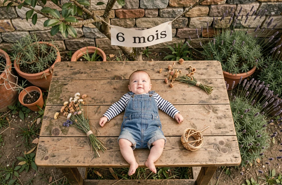 Bébé de 6 mois photographié en vue du dessus sur une table en bois rustique en extérieur avec bannière mois par mois