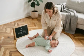 Mère photographiant son bébé de 3 mois sur un plaid tricoté blanc avec panneau ardoise mois par mois dans un salon scandinave