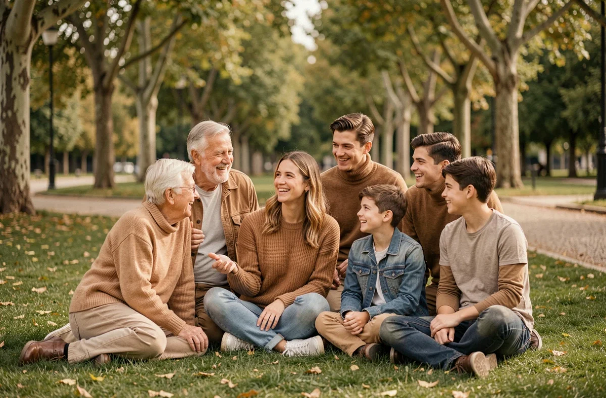 Séance photo de famille multigénérationnelle dans un parc de Clichy avec grands-parents, parents et adolescents