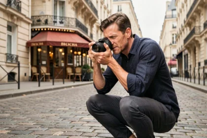 Photographe professionnel en action dans une rue pavée de Clichy avec immeubles haussmanniens en arrière-plan