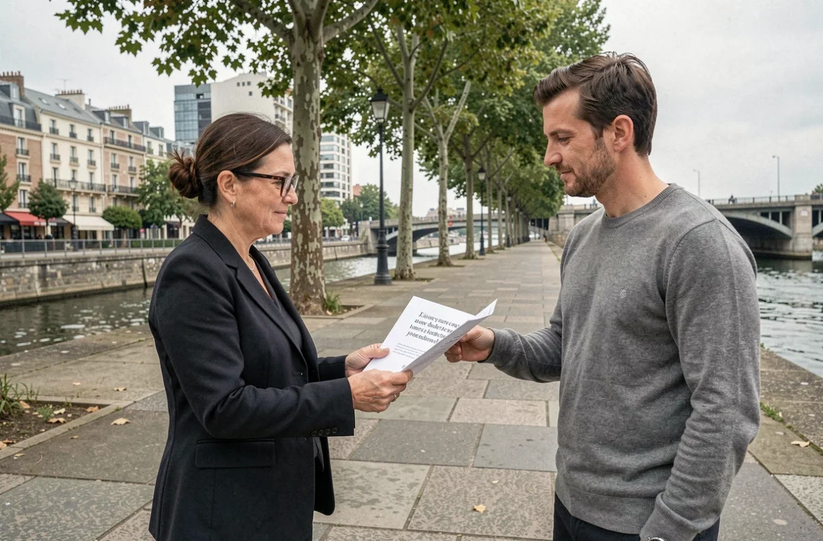 Photographe remettant un devis à un client en extérieur au bord de la Seine à Vitry-sur-Seine