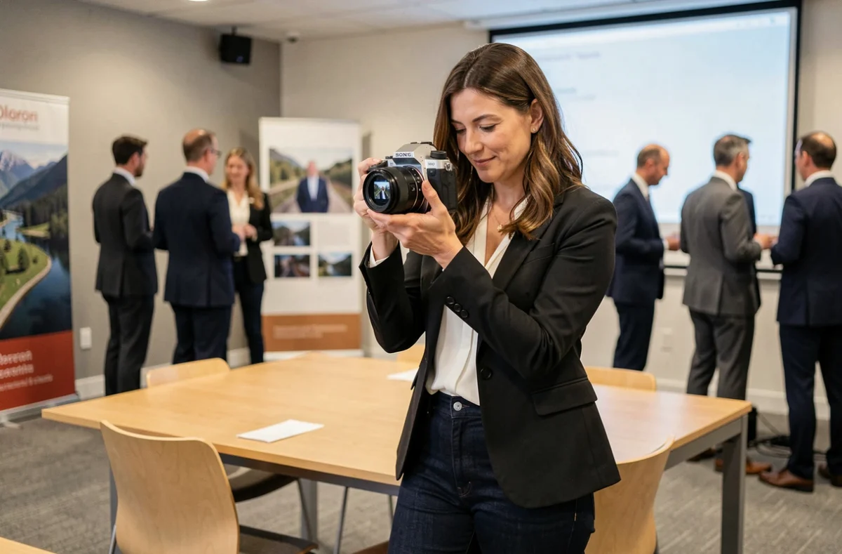 Photographe professionnelle révisant ses clichés lors d'un événement corporate à Oloron