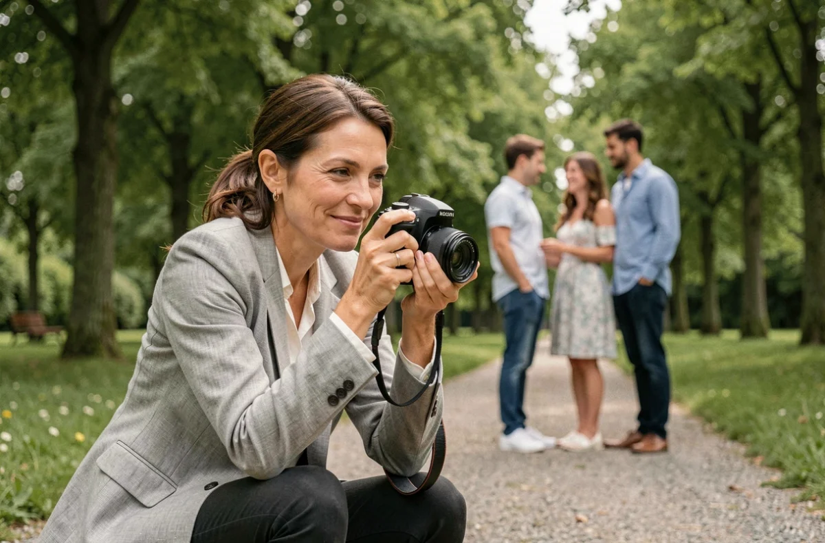 Photographe femme en action lors d'une séance photo en extérieur dans un parc de Caen