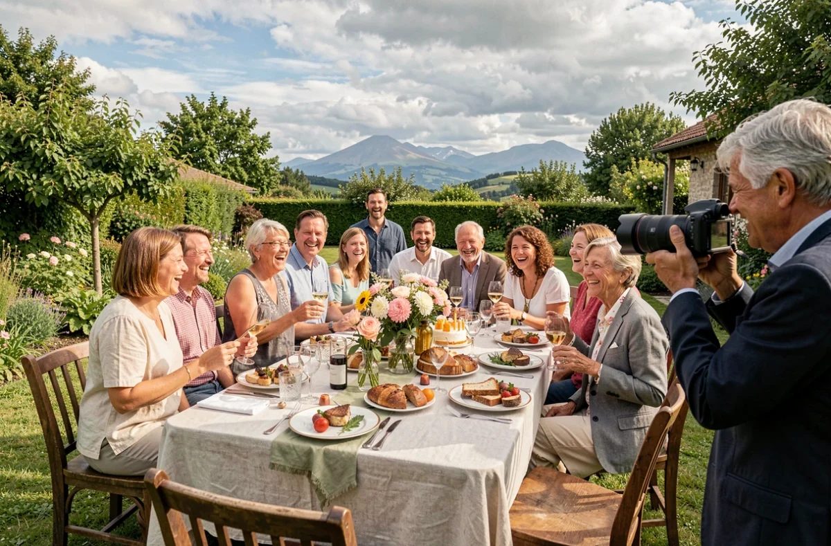 Photographe capturant un événement festif en plein air dans un jardin privé près d'Oloron avec les Pyrénées en fond