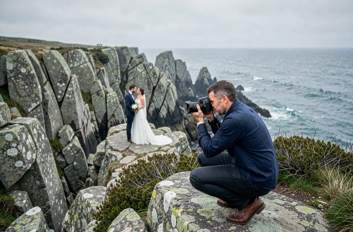Photographe de mariage au travail sur les falaises granitiques de la côte bretonne dans les Côtes-d'Armor