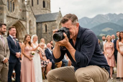 Photographe professionnel en action lors d'un mariage à Oloron-Sainte-Marie avec la cathédrale en arrière-plan