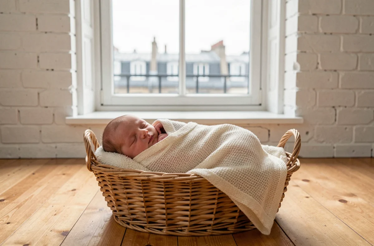 Séance photo nouveau-né dans un studio à Clichy, bébé emmailloté dans un panier en osier ambiance cocooning