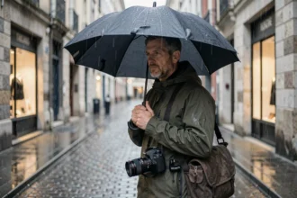 Photographe professionnel sous un grand parapluie compact noir protégeant son matériel photo sous la pluie dans une ruelle pavée