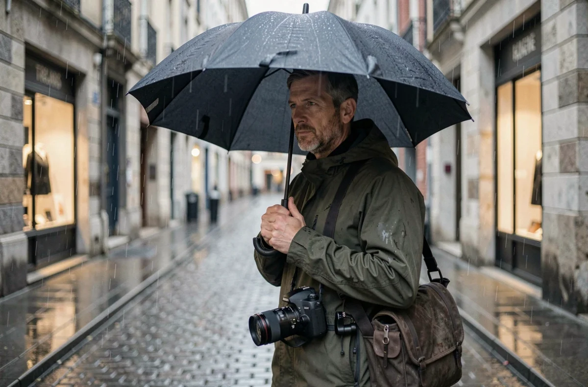 Photographe professionnel sous un grand parapluie compact noir protégeant son matériel photo sous la pluie dans une ruelle pavée